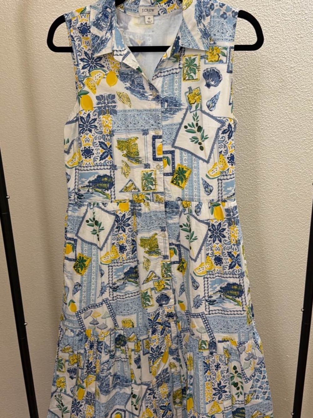 J. Crew Sleeveless Lemon & Blue Patchwork Print Dress